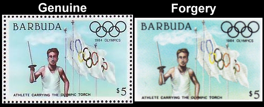 Barbuda 1984 Olympic Games Forgery with Genuine Color Comparison of Stamp