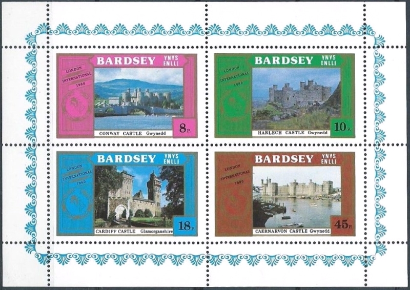 Bardsey Island 1980 London International Stamp Exhibition Castles Sheetlet of Carriage Labels