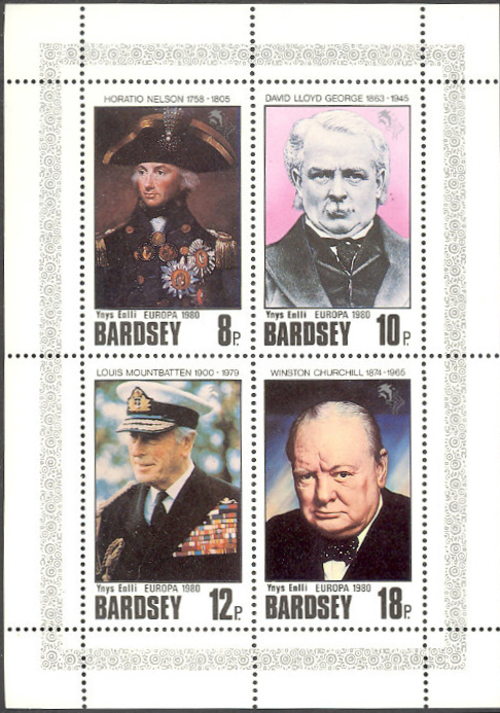 Bardsey Island 1980 EUROPA Historical Figures Sheetlet of Carriage Labels