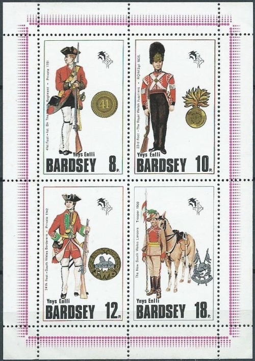 Bardsey Island 1980 Welsh Military Uniforms Sheetlet of Carriage Labels