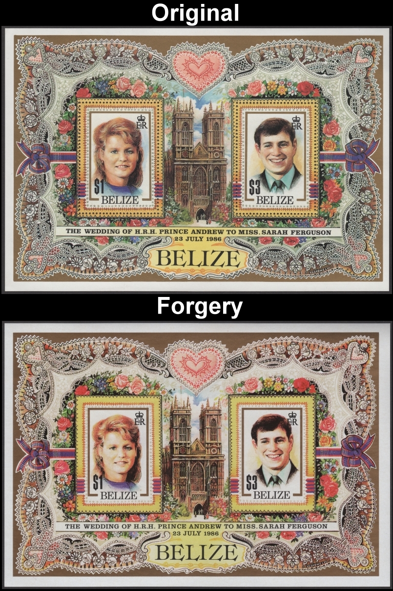 Belize 1986 Royal Wedding Fake with Original Souvenir Sheet Comparison