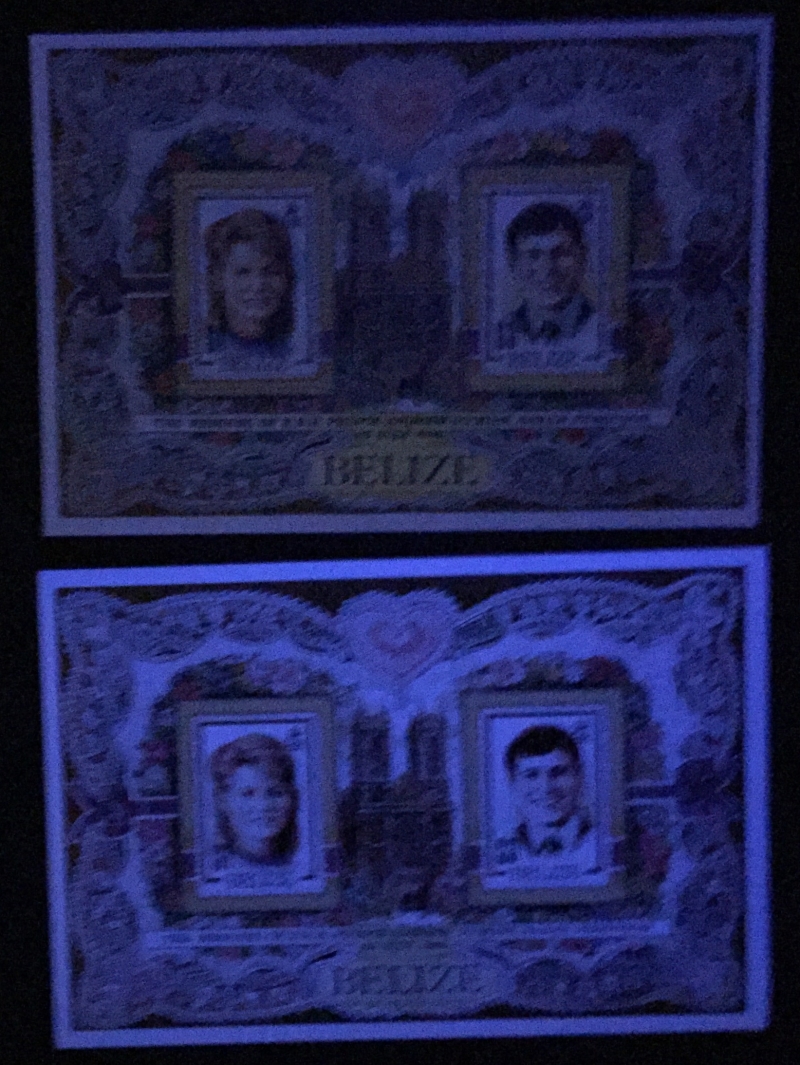 Belize 1986 Royal Wedding Comparison of Souvenir Sheet Forgery with Genuine Souvenir Sheet Under Ultra-violet Light