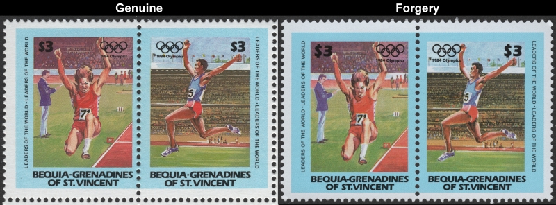 Saint Vincent Bequia 1984 Olympic Games Fake with Original $3 Stamp Pair Comparison