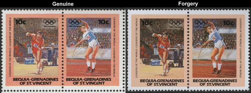Saint Vincent Bequia 1984 Olympic Games Fake with Original 10c Stamp Pair Comparison