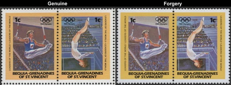 Saint Vincent Bequia 1984 Olympic Games Fake with Original 1c Stamp Pair Comparison