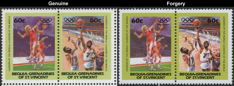Saint Vincent Bequia 1984 Olympic Games Fake with Original 60c Stamp Pair Comparison