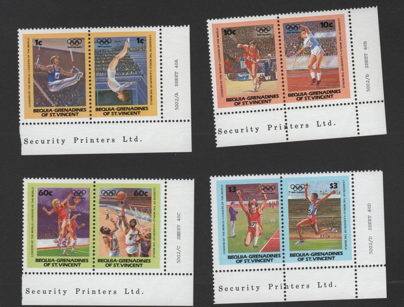 Saint Vincent Bequia 1984 Leaders of the World Summer Olympic Games Genuine Stamp Corner Set