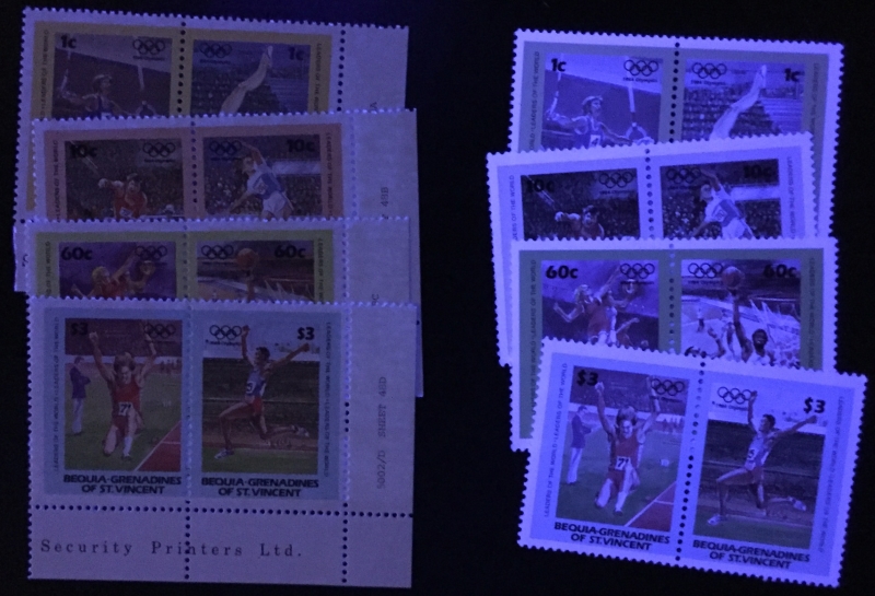 Saint Vincent Bequia 1984 Leaders of the World Summer Olympic Games Comparison of Forgeries with Genuine Stamps Under Ultra-violet Light