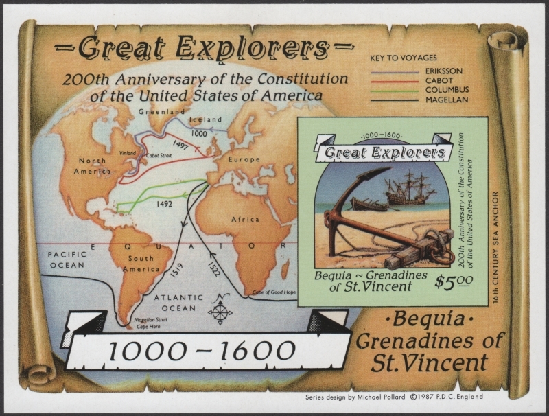 Saint Vincent Bequia 1988 Great Explorers Imperforate Stamp Souvenir Sheet Forgery