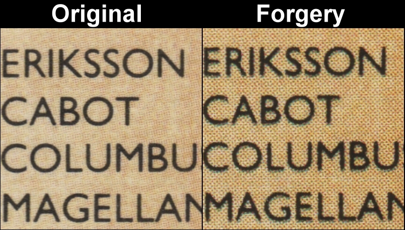 Saint Vincent Bequia 1988 Great Explorers Fake with Original Font Comparison