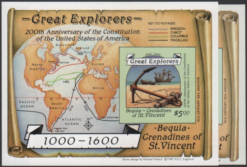 Saint Vincent Bequia 1988 Great Explorers Fake with Original Size Comparison of the Souvenir Sheets