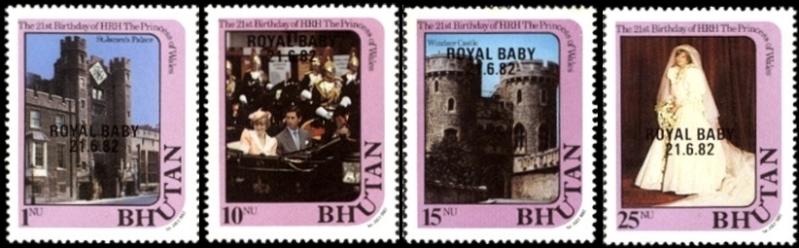 Bhutan 1982 Birth of Prince William (Royal Baby Overprint) Stamps