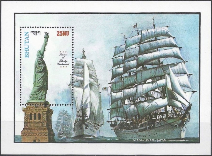Bhutan 1986 Centenary of the Statue of Liberty and Nippon Maru Sailing Ship Souvenir Sheet