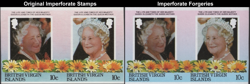 British Virgin Islands 1985 85th Birthday Fake with Original 10c Stamp Pair Comparison