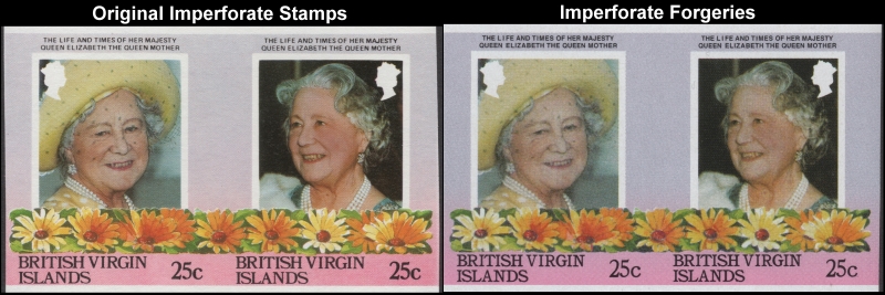 British Virgin Islands 1985 85th Birthday Fake with Original 25c Stamp Pair Comparison