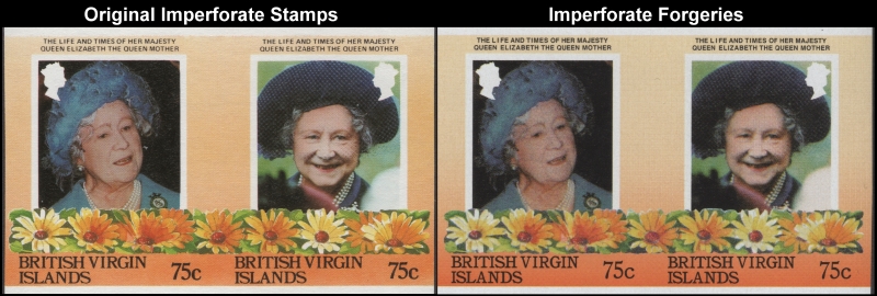 British Virgin Islands 1985 85th Birthday Fake with Original 75c Stamp Pair Comparison