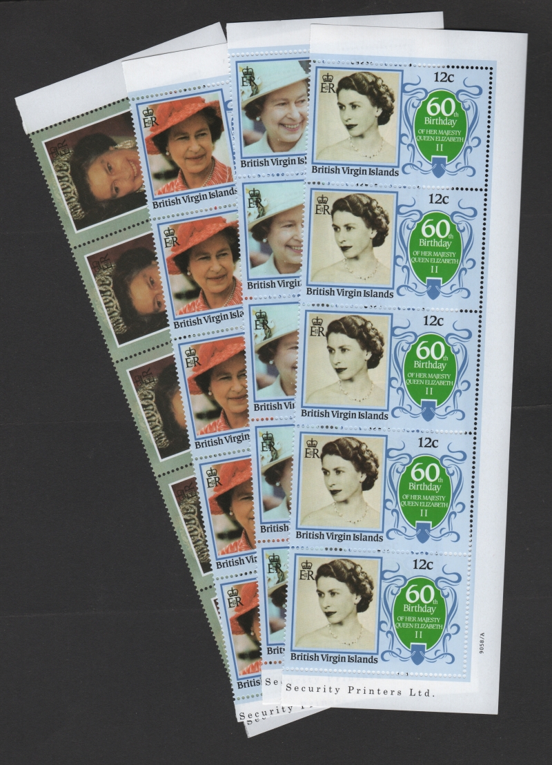 British Virgin Islands 1986 60th Birthday of Queen Elizabeth II Stamp Forgeries purchased from balticamber2011