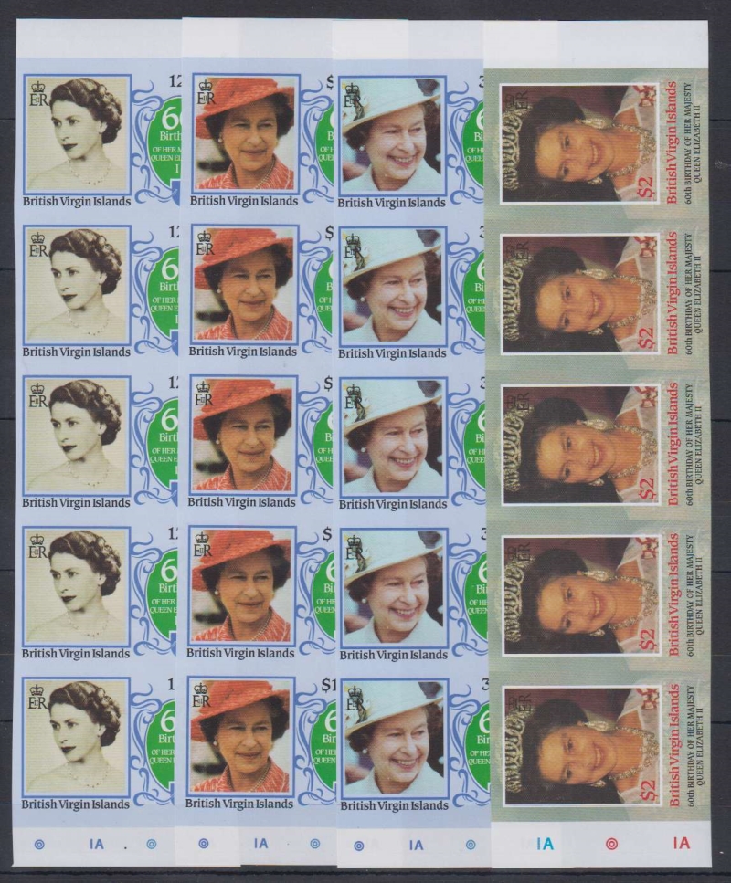 British Virgin Islands 1986 60th Birthday of Queen Elizabeth II Imperforate Stamp Forgeries purchased from balticamber2011