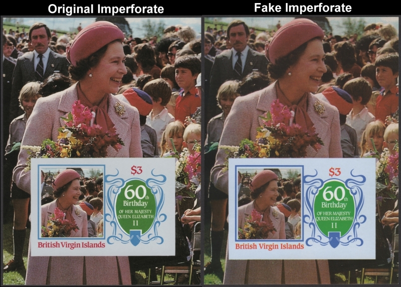 British Virgin Islands 1986 60th Birthday of Queen Elizabeth Fake with Original Imperforate Souvenir Sheet