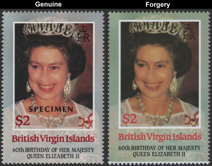 British Virgin Islands 1986 60th Birthday of Queen Elizabeth $2 Forgery with Genuine $2 Stamp Comparison