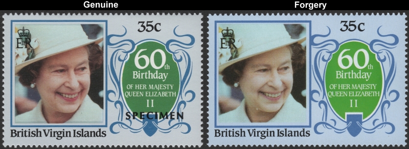 British Virgin Islands 1986 60th Birthday of Queen Elizabeth 35c Forgery with Genuine 35c Stamp Comparison