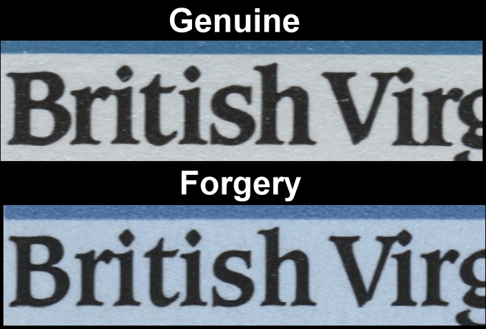 British Virgin Islands 1986 60th Birthday of Queen Elizabeth Fake with Original Font Comparison