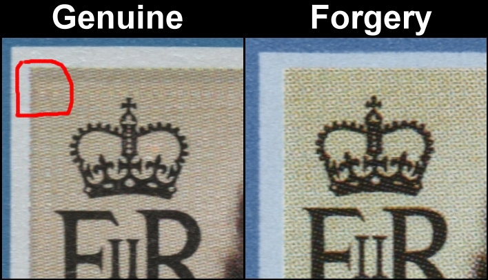 British Virgin Islands 1986 60th Birthday of Queen Elizabeth Stamp Forgery with Original Frame Comparison