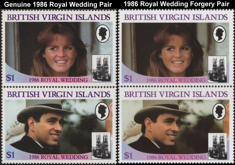 British Virgin Islands 1986 Royal Wedding Fake with Original $1 Stamp Pair Comparison