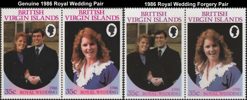 British Virgin Islands 1986 Royal Wedding Fake with Original 35c Stamp Pair Comparison