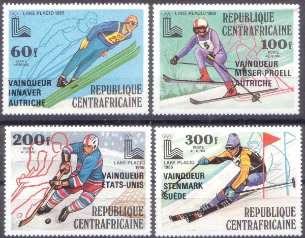 Central Africa 1980 Winter Olympic Game Winners Black Overprint Stamp Set