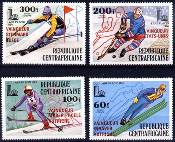 Central Africa 1980 Winter Olympic Game Winners Red Overprint Stamp Set