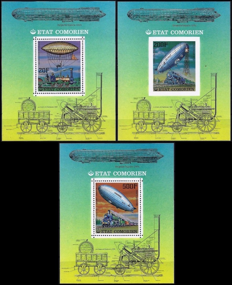 Comoro Islands 1977 Airships and Locomotives Deluxe Sheetlets