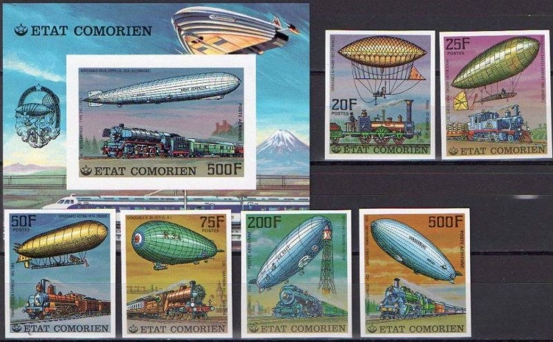 Comoro Islands 1977 Airships and Locomotives Imperforate Stamp Set