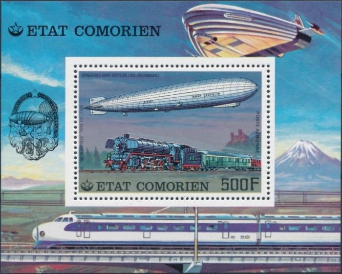 Comoro Islands 1977 Airships and Locomotives Graf-Zeppelin Souvenir Sheet