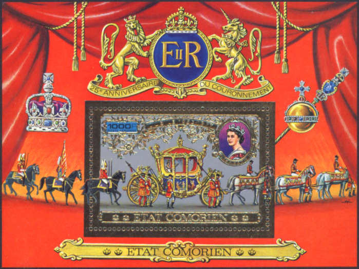 Comoro Islands 1977 25th Anniversary of the Coronation of Queen Elizabeth II Gold Foil Embossed 1000F Souvenir Sheet