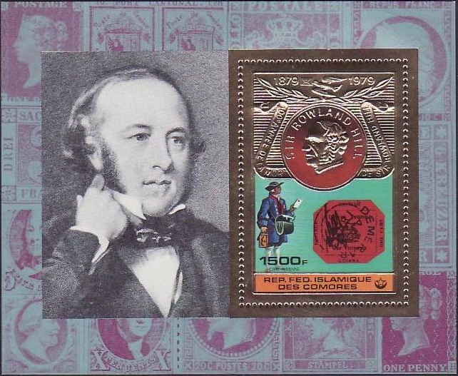 Comoro Islands 1978 Death Centenary of Sir Rowland Hill Gold Foil Embossed 1500F Stamp Souvenir Sheetlet