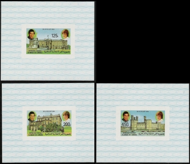 Comoro Islands 1981 Royal Wedding of Prince Charles and Lady Diana Deluxe Sheetlet Set with Decorative Blue Background