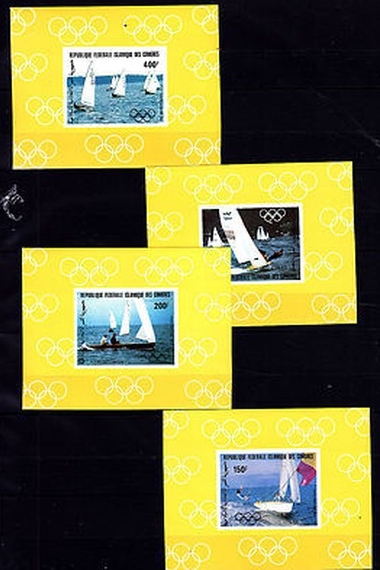 Comoro Islands 1983 Pre-Olympic Year Sailing Deluxe Sheetlet Set with Yellow Decorative Background
