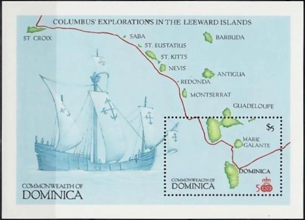 1987 Map of Columbus' Explorations in the Leeward Islands Souvenir Sheet