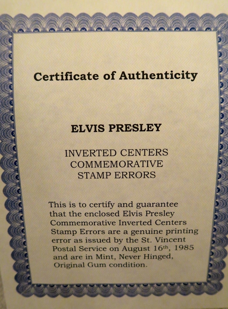 Hampton House Rip-off Certificate of Authenticity for Unauthorized Reprint Elvis Presley Invert Error Stamps