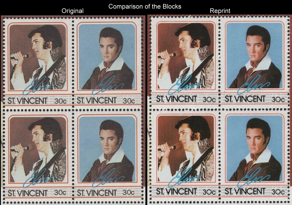 A Comparison of the Unauthorized Reprint and Original Elvis Presley Scott 878 Souvenir Sheet Stamp Blocks