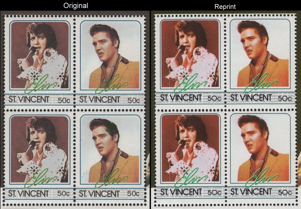 A Comparison of the Unauthorized Reprint and Original Elvis Presley Scott 879 Souvenir Sheet Stamp Blocks