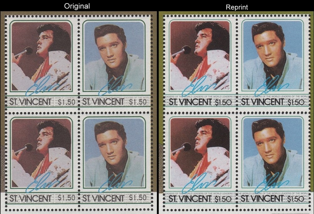 A Comparison of the Unauthorized Reprint and Original Elvis Presley Scott 880 Souvenir Sheet Stamp Blocks
