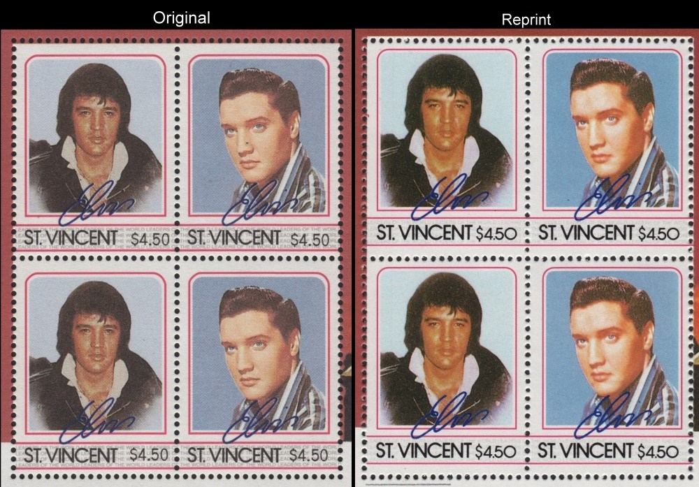 A Comparison of the Unauthorized Reprint and Original Elvis Presley Scott 881 Souvenir Sheet Stamp Blocks