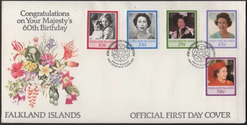 Falkland Islands 1986 60th Birthday of Queen Elizabeth Mount Pleasant Cancelled Official First Day Cover