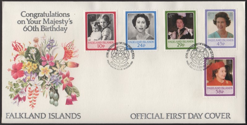 Falkland Islands 1986 60th Birthday of Queen Elizabeth Port Stanley Cancelled Official First Day Cover