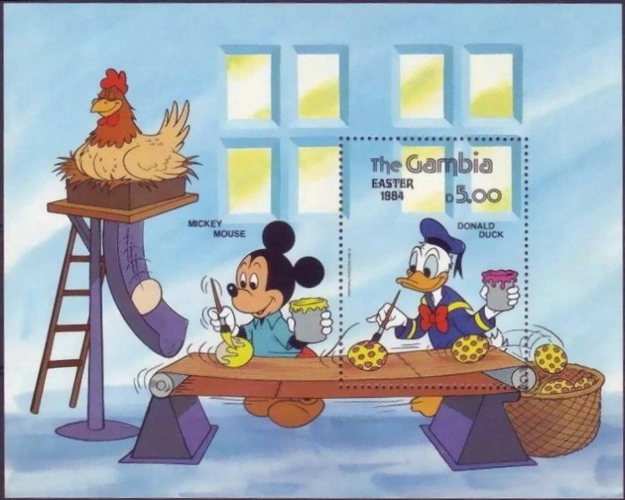 1984 Easter, Disney Charactors Painting Eggs Souvenir Sheet