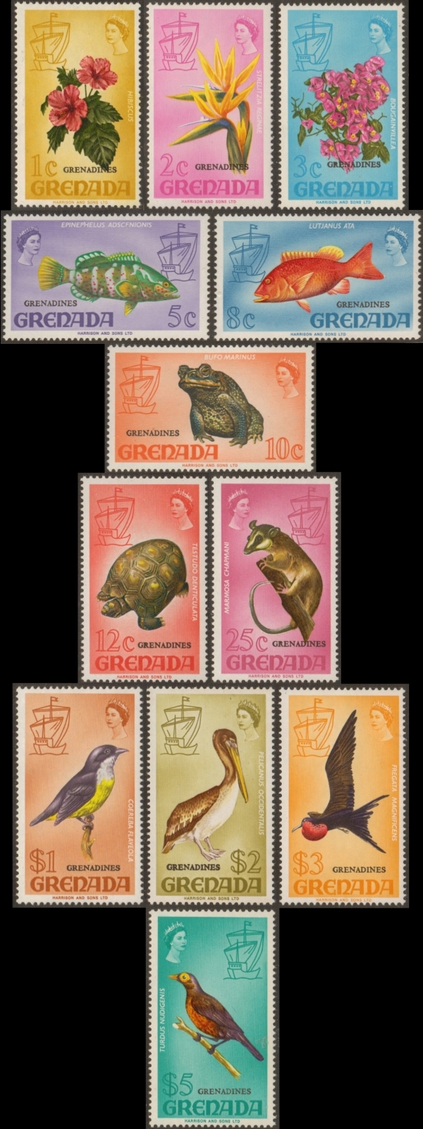 1974 Various 1968-71 Grenada Difinitive Stamps Overprinted GRENADINES