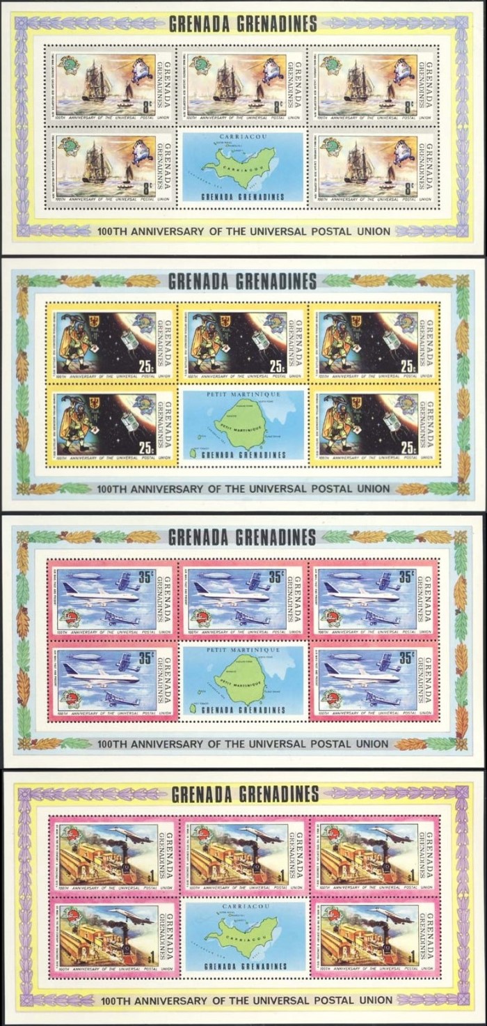 1974 Centenary of the Universal Postal Union Mini Panes of 5 Plus Label