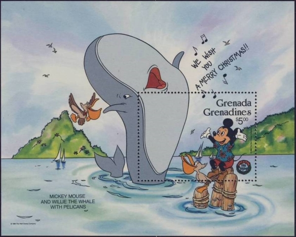 1986 Christmas, Disney Characters Mickey Mouse and Willie the Whale $5.00 Souvenir Sheet